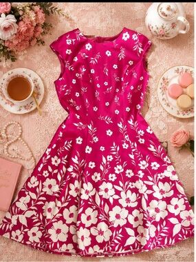 London Times Floral Print Cap Sleeve Fit and Flare Dress